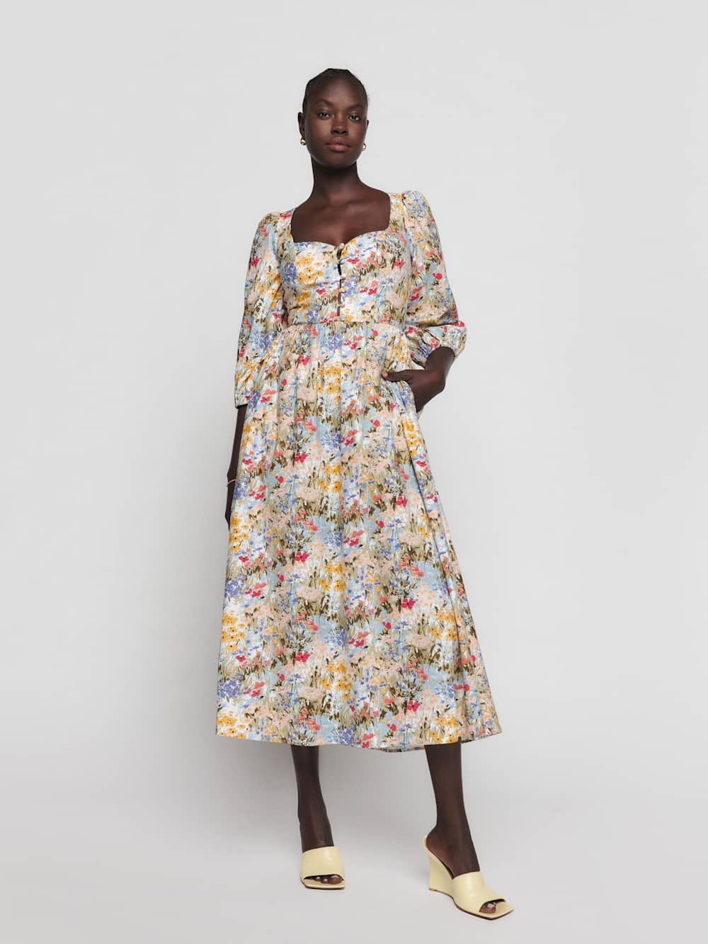 Reformation Cream Multi Floral Puff-Sleeve Maxi Dress Size 12